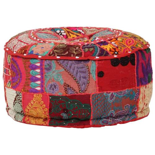 Puffe med patchwork rund bomuld håndlavet 40 x 20 cm rød