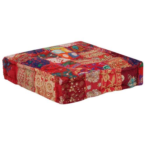 Puffe med patchwork firkantet bomuld håndlavet 50 x 50 x 12 cm rød