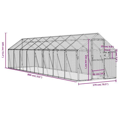 Voliere 1,79x8x1,85 m aluminium sølvfarvet