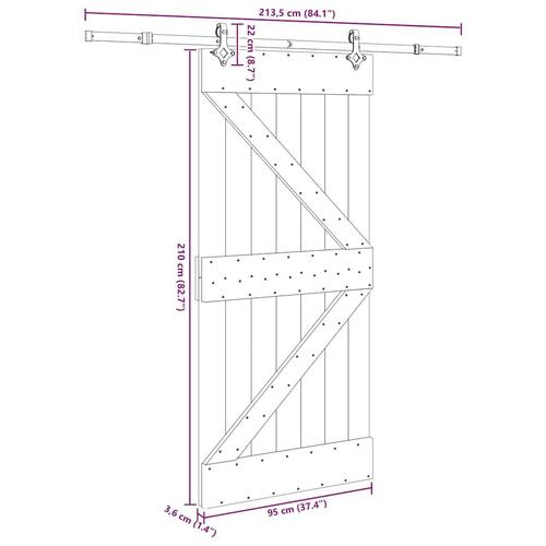Skydedør med monteringssæt 95x210 cm massivt fyrretræ