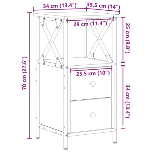 Sengebord med 2 skuffer - 34 × 35,5 × 70 cm, kunsteg/metal
