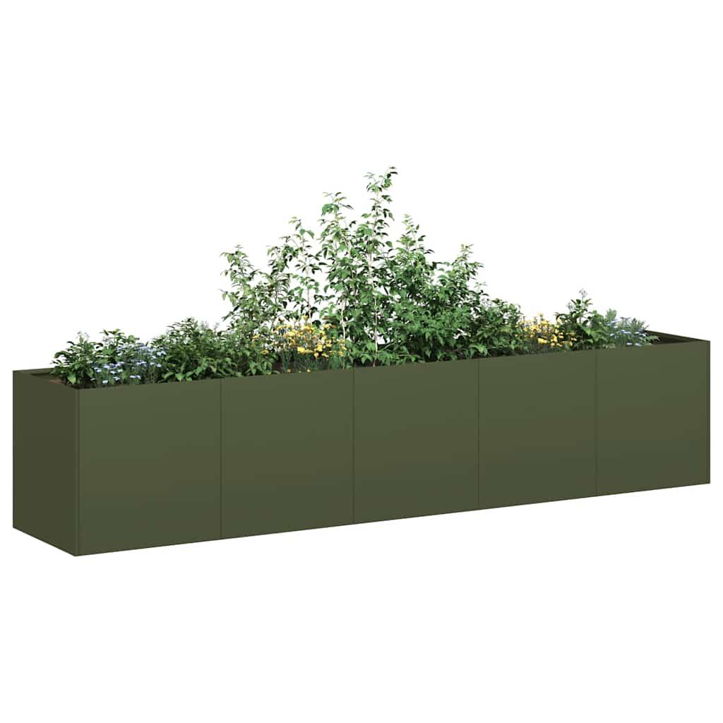 Plantekasse i koldvalset stål 200 x 40 x 40 cm olivengrøn