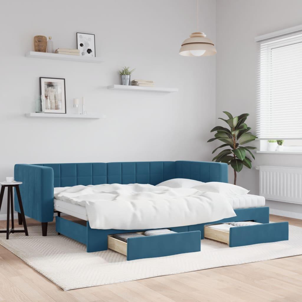 Daybed med udtræk og skuffer 90x200 cm velour blå