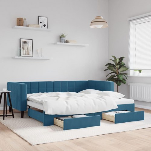 Daybed med udtræk og 2 skuffer 90 x 200 cm - blå velour