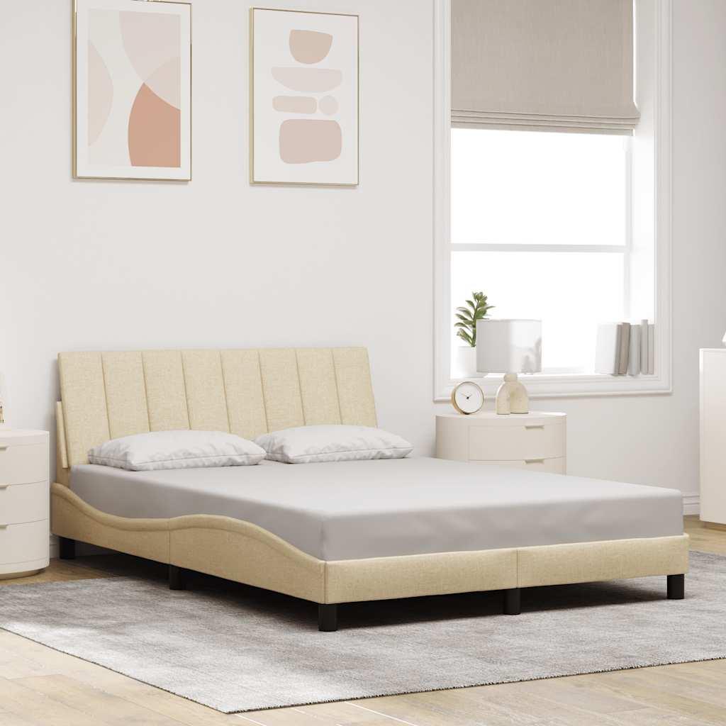 Sengeramme Hanko 140 x 200 cm i stof med LED og gavlpude - cremefarvet