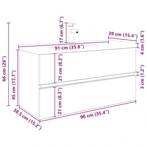 Vaskeskab med indbygget vask og vandhane - antikt træ, 90 cm