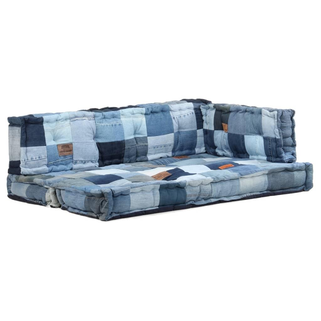 Hynder til pallesofa 3 dele denim-patchwork blå