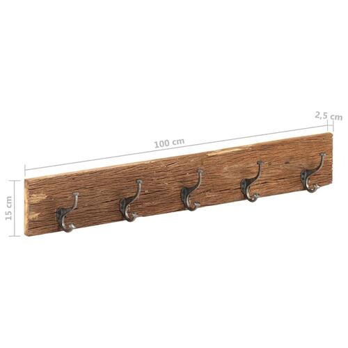 Knagerække med 5 knager 100x2,5x15 cm massivt genbrugstræ