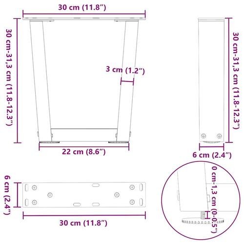 Spisebordsben V-form 2 stk 30x(30-31,3) cm stål sort