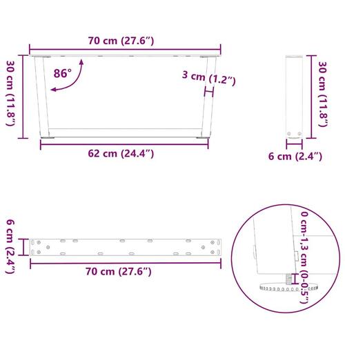 Spisebordsben V-form 2 stk 70x(30-31,3) cm stål sort