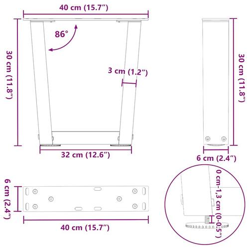 Spisebordsben V-form 2 stk 40x(30-31,3) cm stål sort