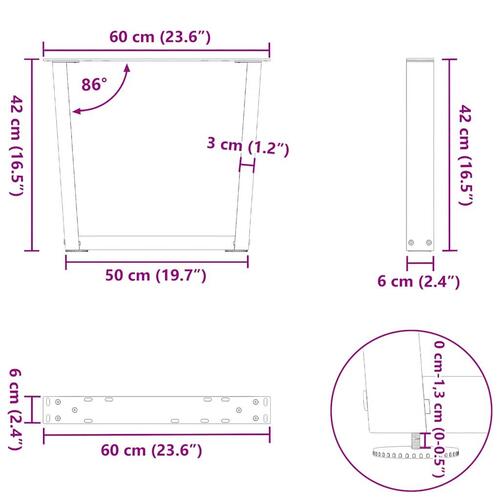 Spisebordsben V-formet 2 stk. 60x(42-43,3) cm stål hvid
