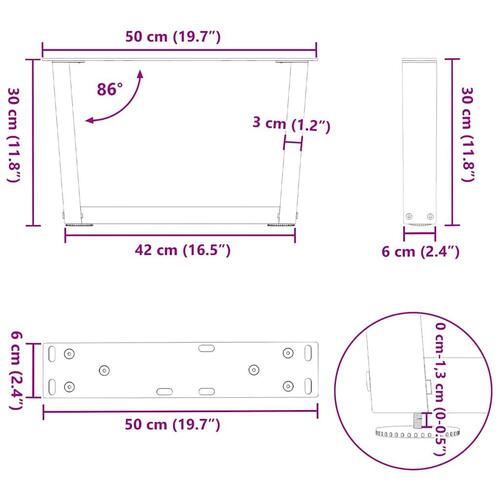 Spisebordsben V-form 2 stk naturstål 50x(30-31,3) cm stål