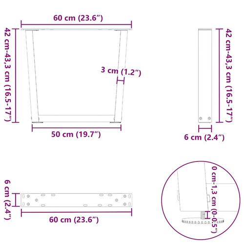 Spisebordsben V-formet 2 stk. 60x(42-43,3) cm stål sort