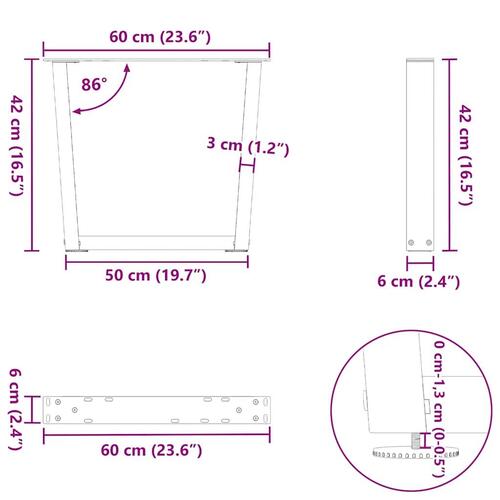 Spisebordsben V-formet 2 stk. 60x(42-43,3) cm stål antracitgrå