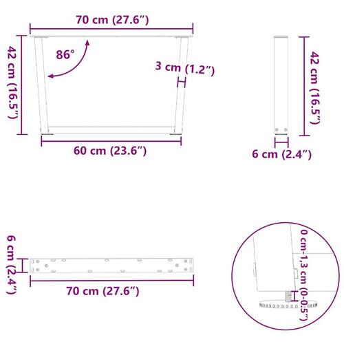 Spisebordsben V-formet 2 stk. 70x(42-43,3) cm stål sort
