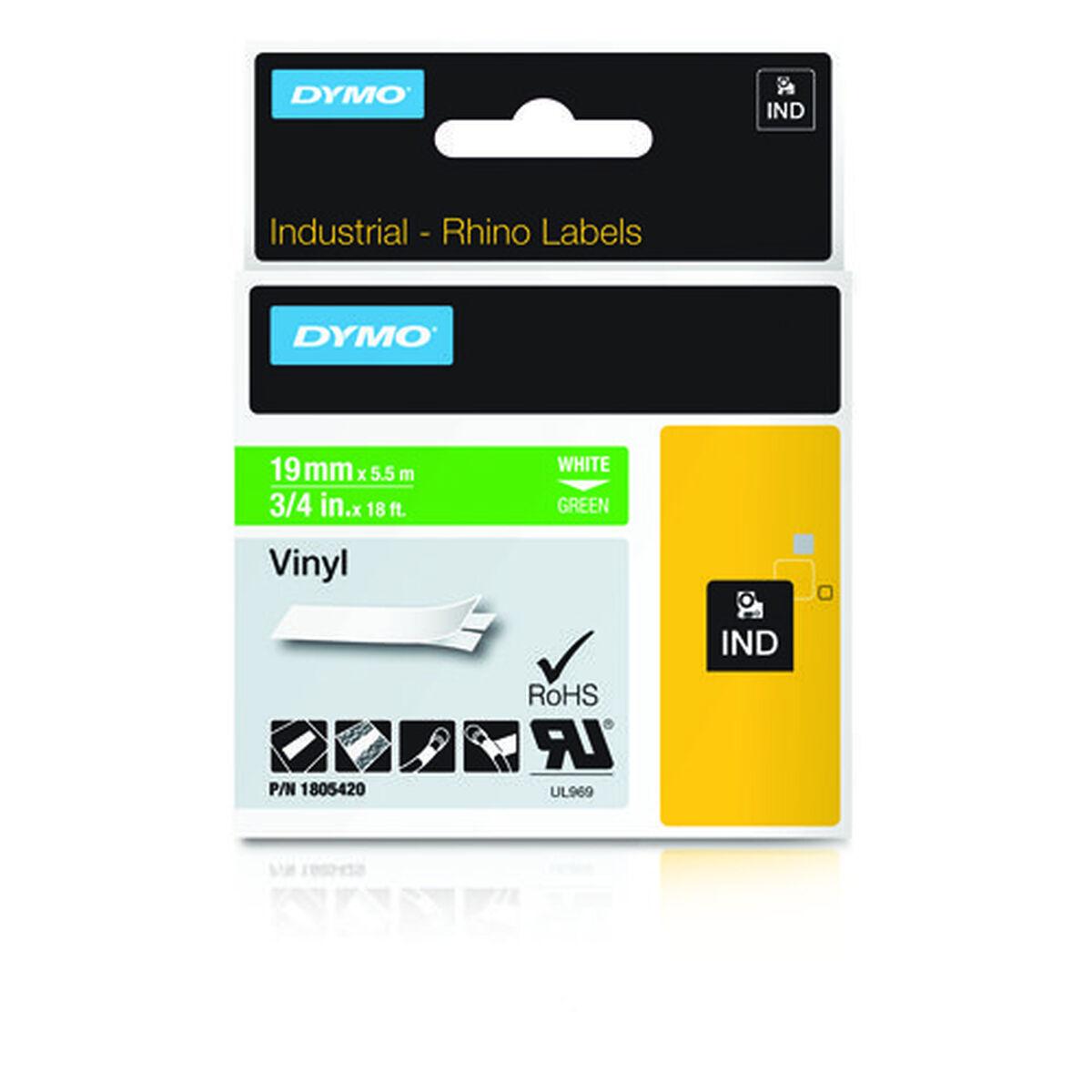 Dymo Rhino vinyl etiketbånd 19 mm x 5,5 m - hvid på grøn