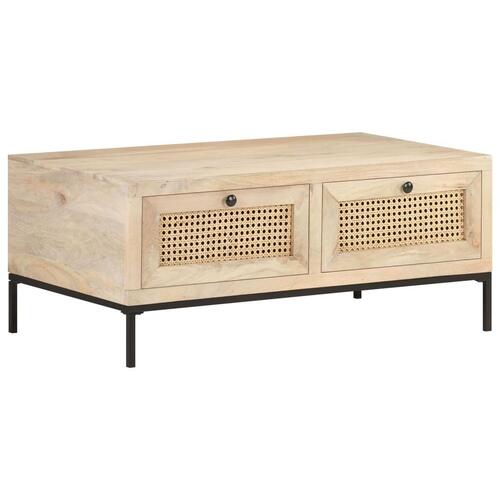 Sofabord 90x50x37 cm massivt mangotræ og naturligt rørflet