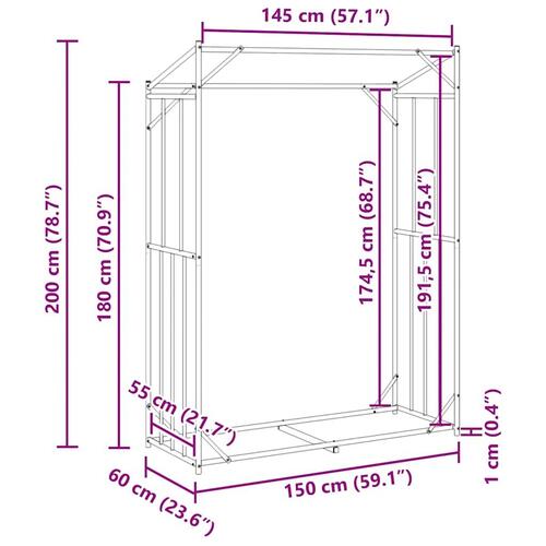 Brændestativ med regnslag 150x60x200 cm galvaniseret stål