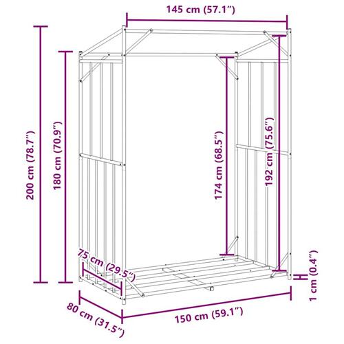 Brændestativ med regnslag 150x80x200 cm galvaniseret stål