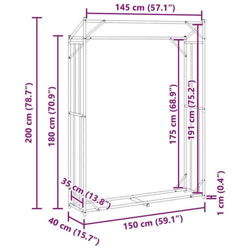 Brændestativ med regnslag 150x40x200 cm galvaniseret stål