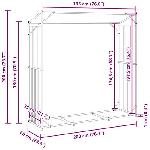 Brændestativ med regnslag 200x60x200 cm galvaniseret stål