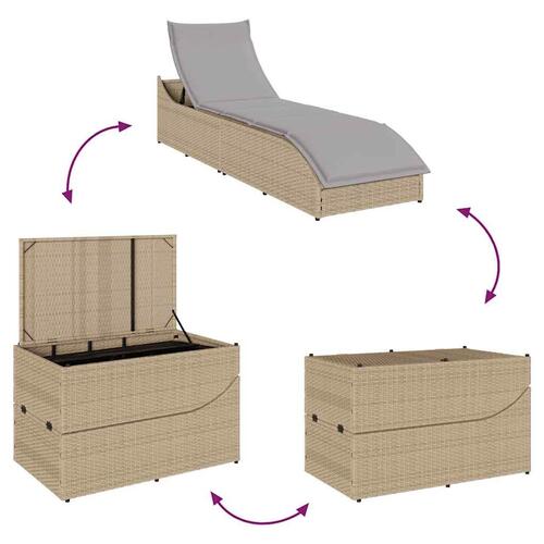 Sammenklappelig solseng med hynde & opbevaring polyrattan beige