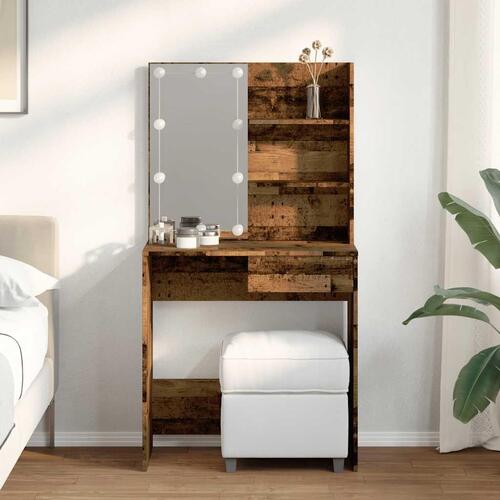 Makeupbord med LED-lys 74,5x40x141 cm gammelt træ-look