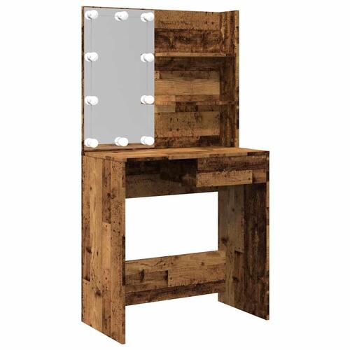 Makeupbord med LED-lys 74,5x40x141 cm gammelt træ-look