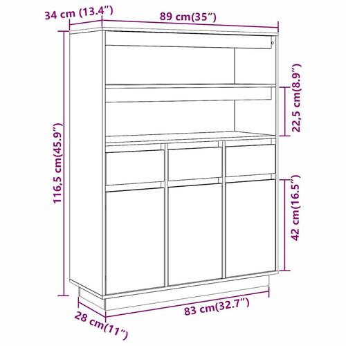 Højskab 89x34x116,5 cm massivt fyrretræ