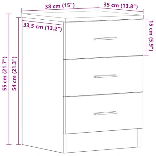 Sengeskab med 3 skuffer 38×35×55 cm - antikt trælook
