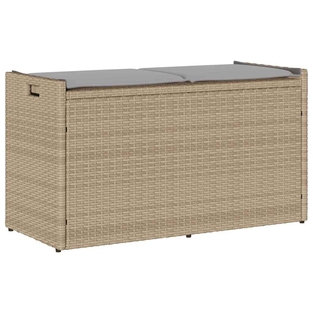 Udendørs opbevaringsbænk med hynde 100 cm polyrattan beige billede