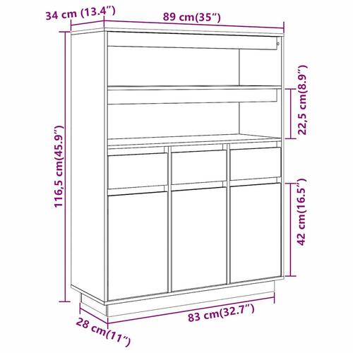 Højskab 89x34x116,5 cm massivt fyrretræ hvid