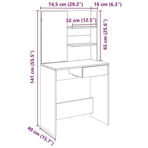 Makeupbord med spejl 74,5x40x141 cm kunsteg