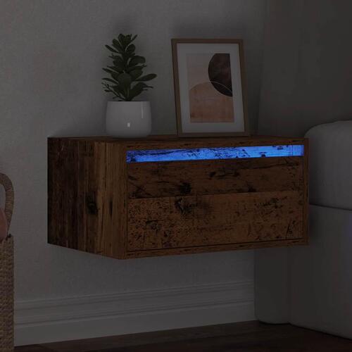 Væghængt sengebord med LED-lys gammelt træ-look
