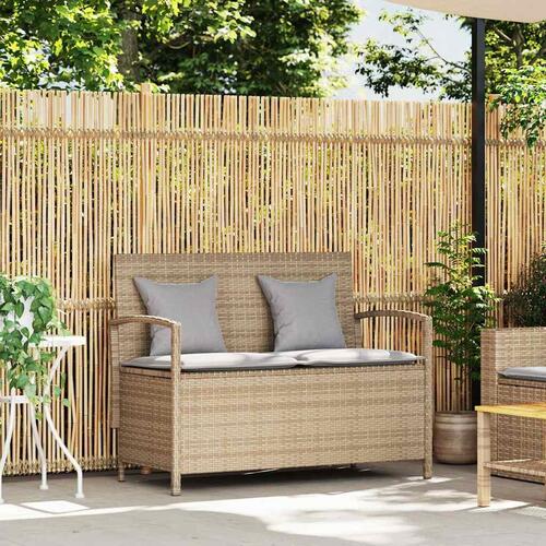 Opbevaringsbænk til haven med hynde polyrattan beige