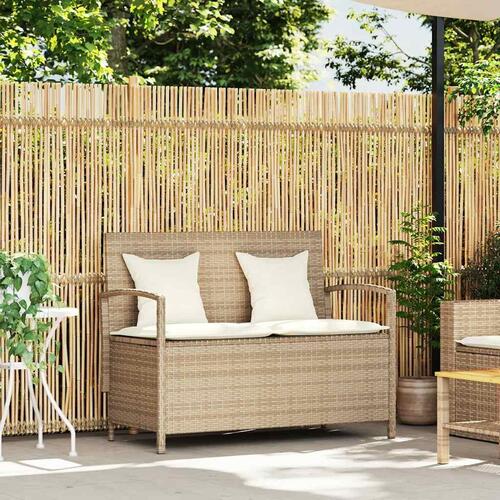 Opbevaringsbænk til haven med hynde polyrattan beige