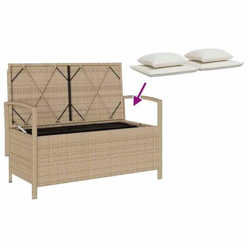 Opbevaringsbænk til haven med hynde polyrattan beige