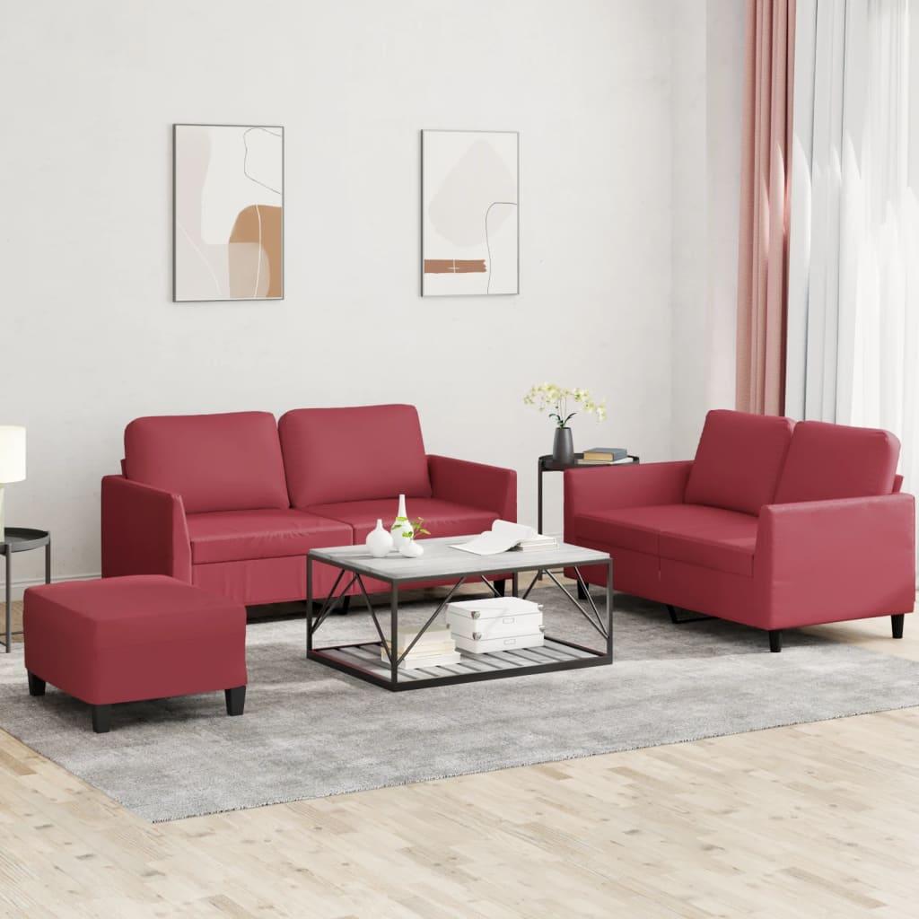 3 personers sofa med hynder kunstlæder vinrød