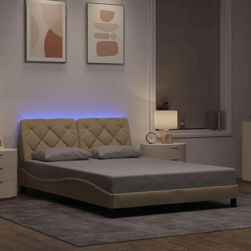 Sengeramme med LED uden madras 140x200 cm stof cremefarvet