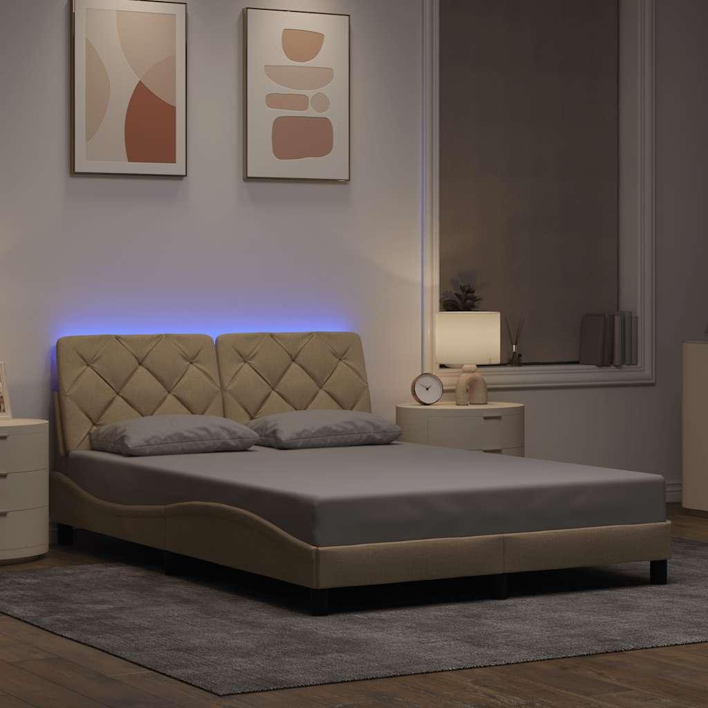 Sengeramme med LED uden madras 140x200 cm stof cremefarvet