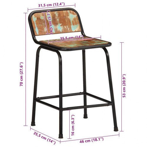 Barstole i massivt genbrugstræ - 2 stk., 46 × 35,5 × 70 cm, brun/sort