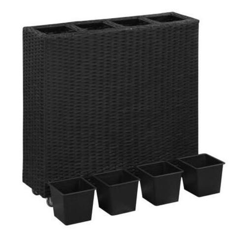 Plantekasse med 4 krukker 80x22x79 cm polyrattan sort