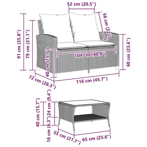 2-personers sofa med hynder og bord polyrattan grå