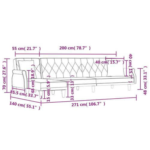 Sovesofa med chaiselong 271x140x70 cm velour sort