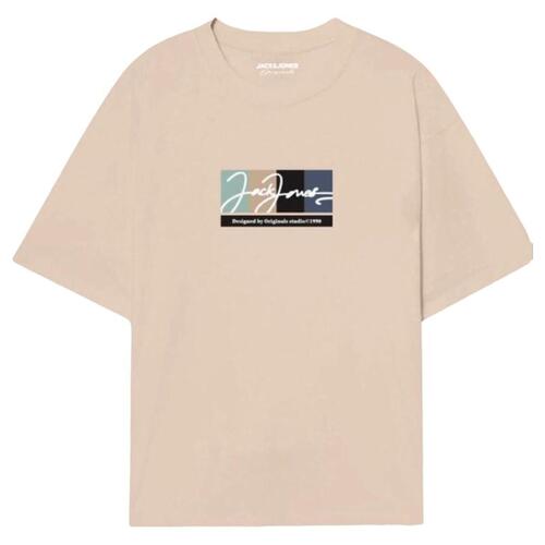 Kortærmet T-shirt til Mænd Jack & Jones JORPORTLAND BLOCK BRANDING SS CN LN 12262662 Beige XL