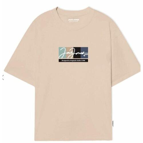 Kortærmet T-shirt til Mænd Jack & Jones JORPORTLAND BLOCK BRANDING SS CN LN 12262662 Beige XL