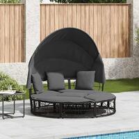 Udendørs loungeseng med tag og hynder polyrattan sort