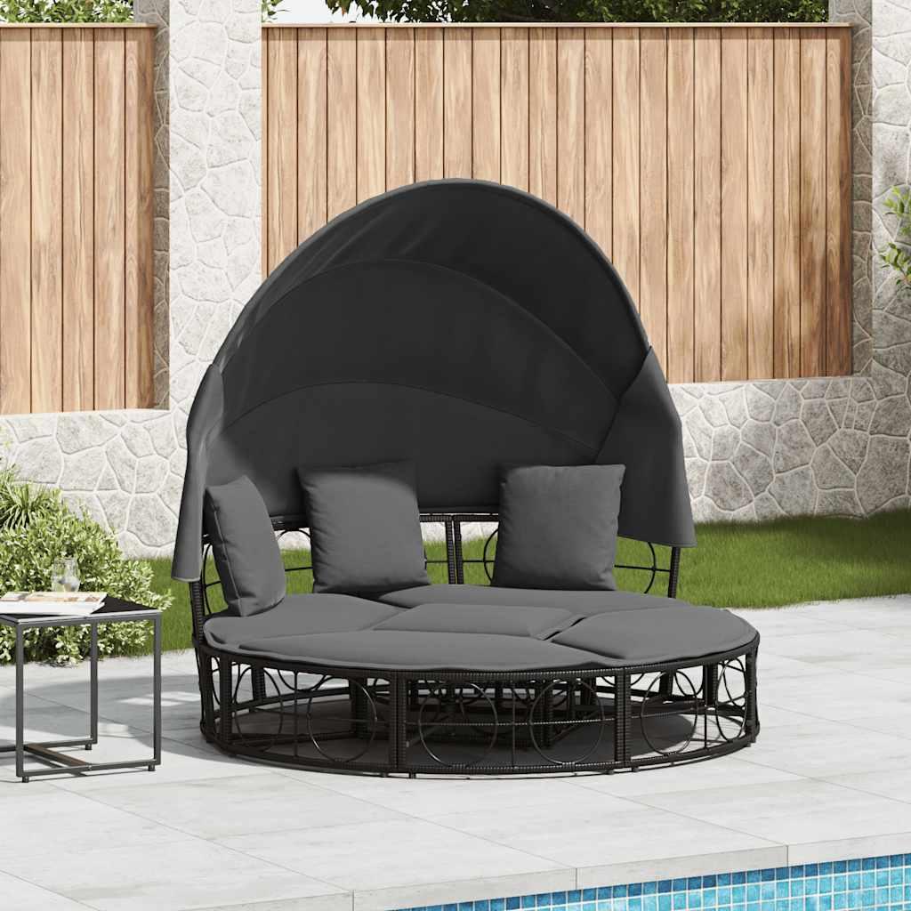 Udendørs loungeseng med tag og hynder polyrattan sort