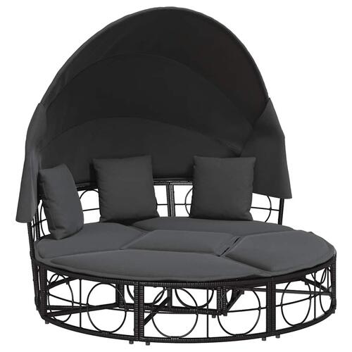 Udendørs loungeseng med tag og hynder polyrattan sort